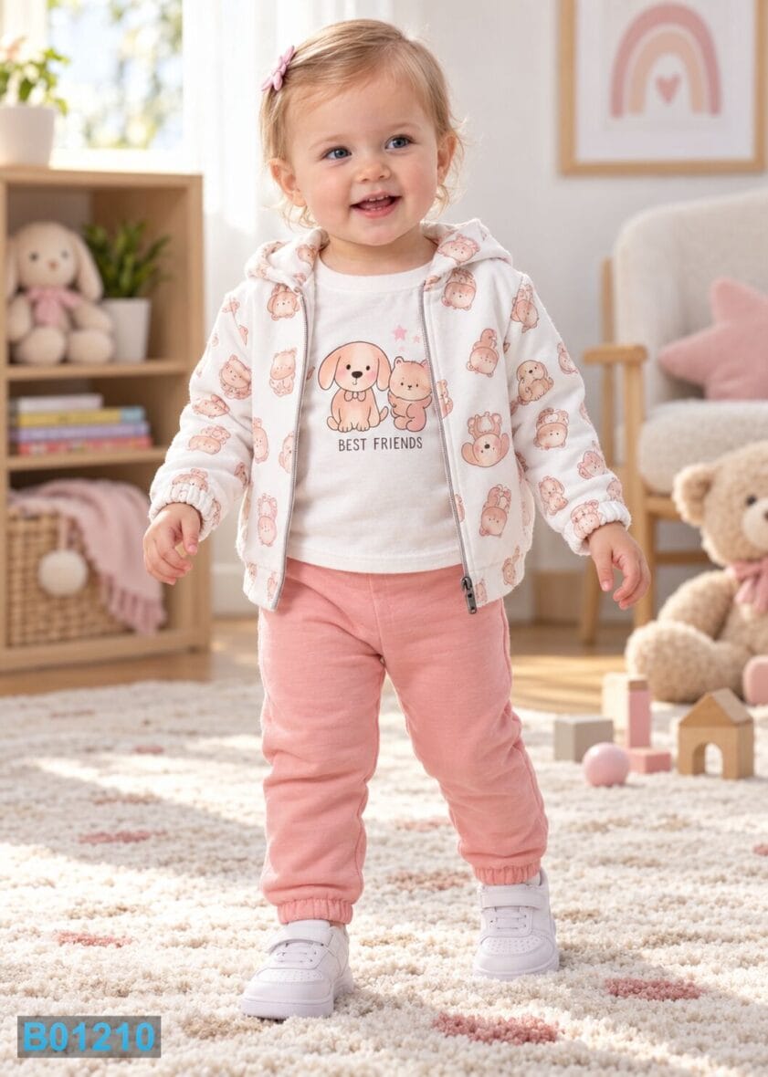 Pamučni trodelni komplet za devojčice sa psima – roze | Bebelino Kids Pamučni trodelni komplet za devojčice sa psima – roze
