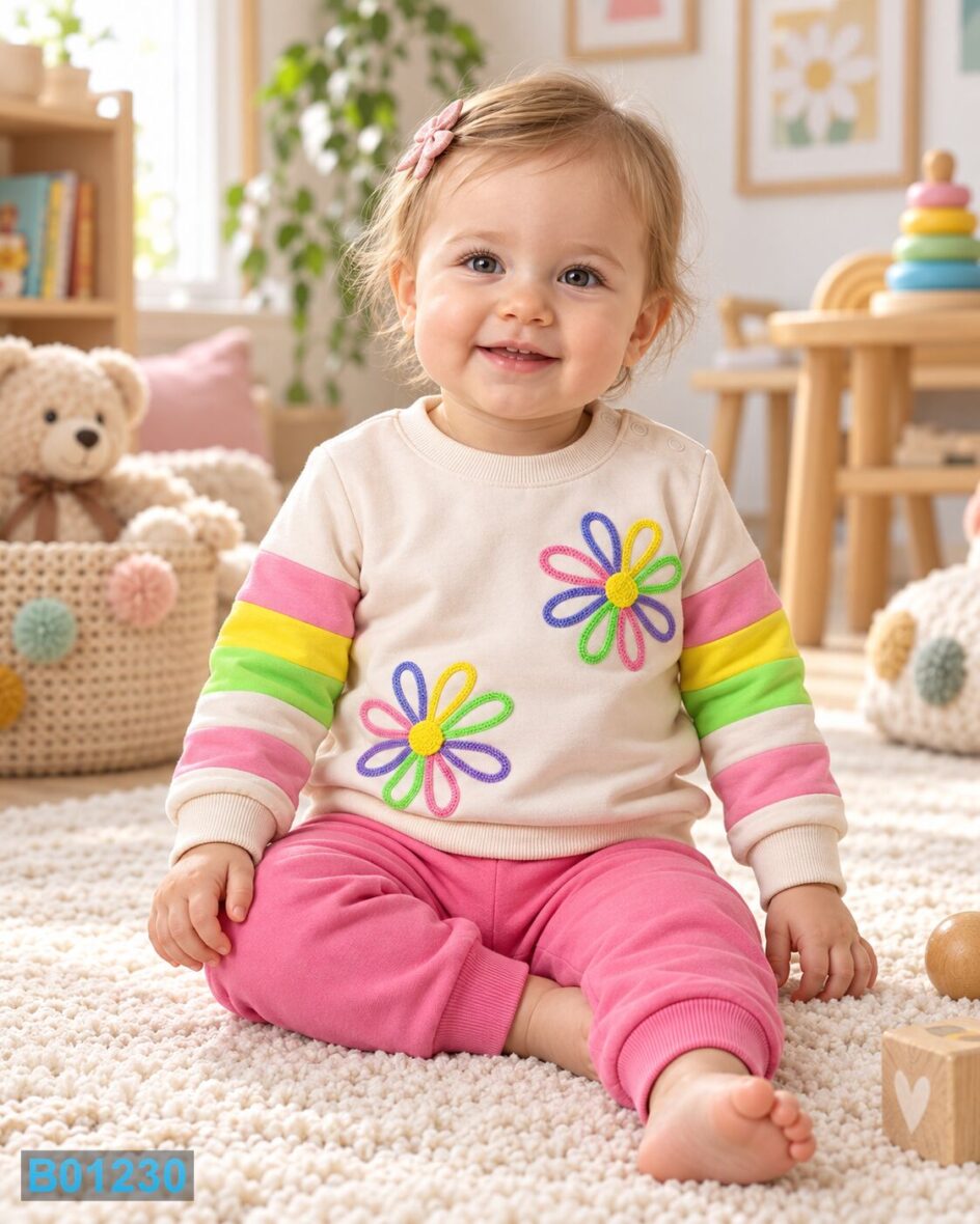 Pamučni komplet za devojčice sa šarenim cvetićima – roze