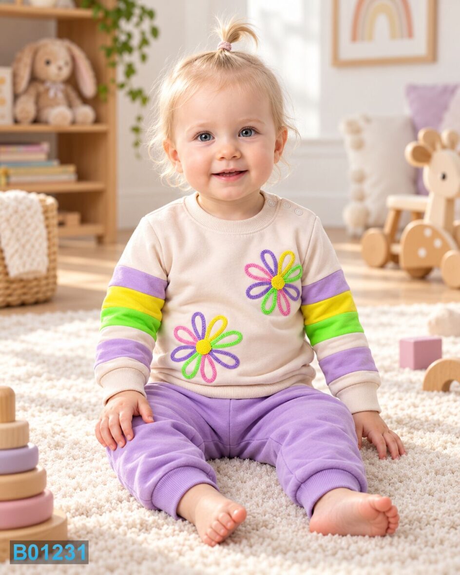 Pamučni dvodelni komplet za devojčice sa cvetnim motivom – lila | Bebelino Kids Pamučni dvodelni komplet za devojčice sa cvetnim motivom – lila