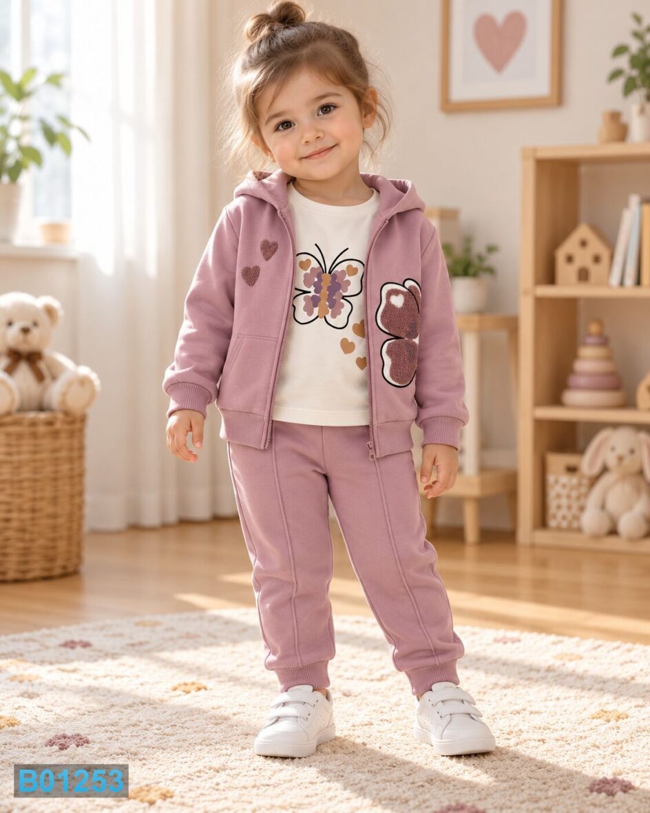 Trodelni komplet za devojčice sa leptirima – puder roze | Bebelino Kids Trodelni komplet za devojčice sa leptirima – puder roze