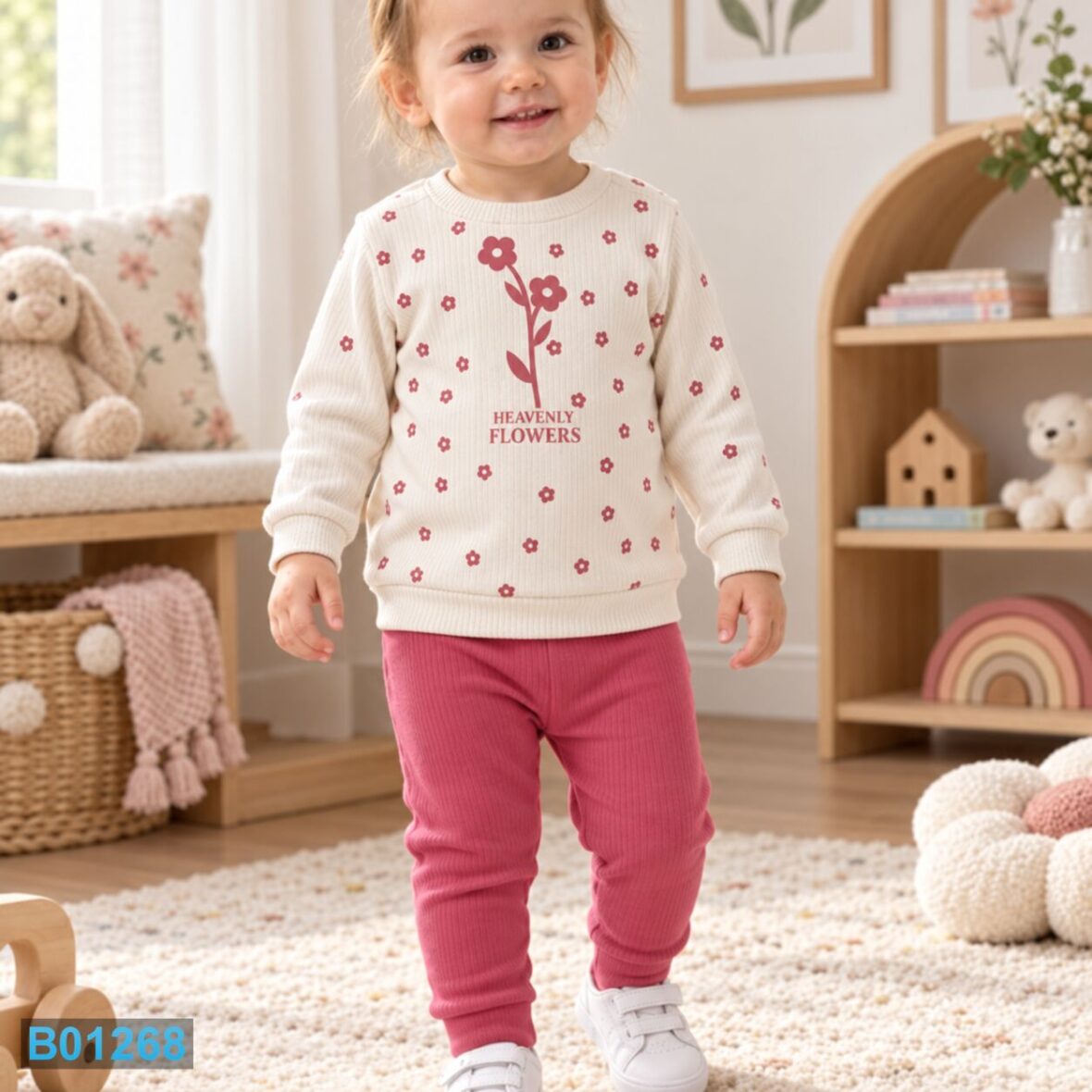 Pamučni komplet za devojčice Heavenly Flowers – krem i malinasto roze | Bebelino Kids Pamučni komplet za devojčice Heavenly Flowers – krem i malinasto roze