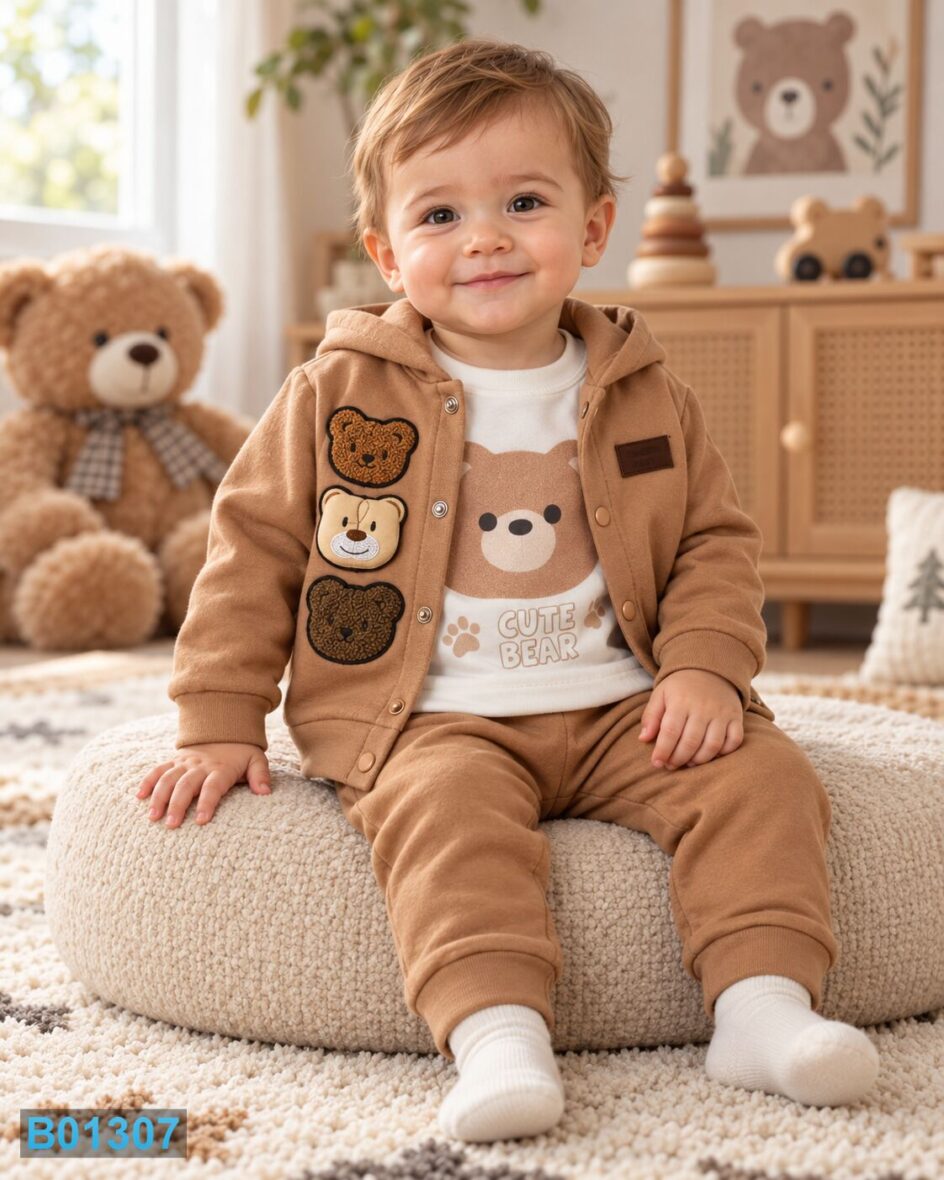 Pamučni trodelni komplet za dečake Cute Bear – braon