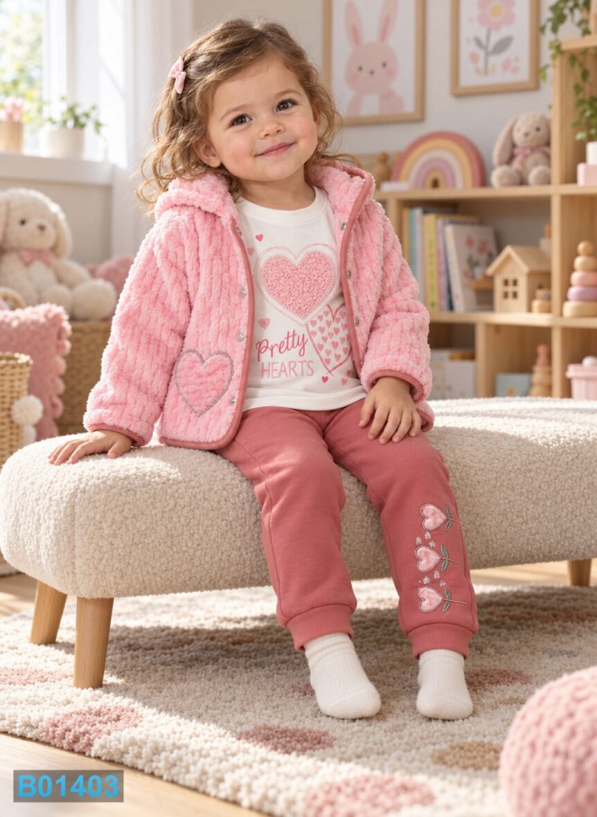 Trodelni komplet za devojčice sa srcima – roze | Bebelino Kids Trodelni komplet za devojčice sa srcima – roze