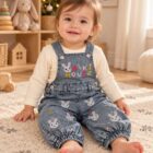 Teksas pantalone sa tregerima i majica za devojčice Miki House