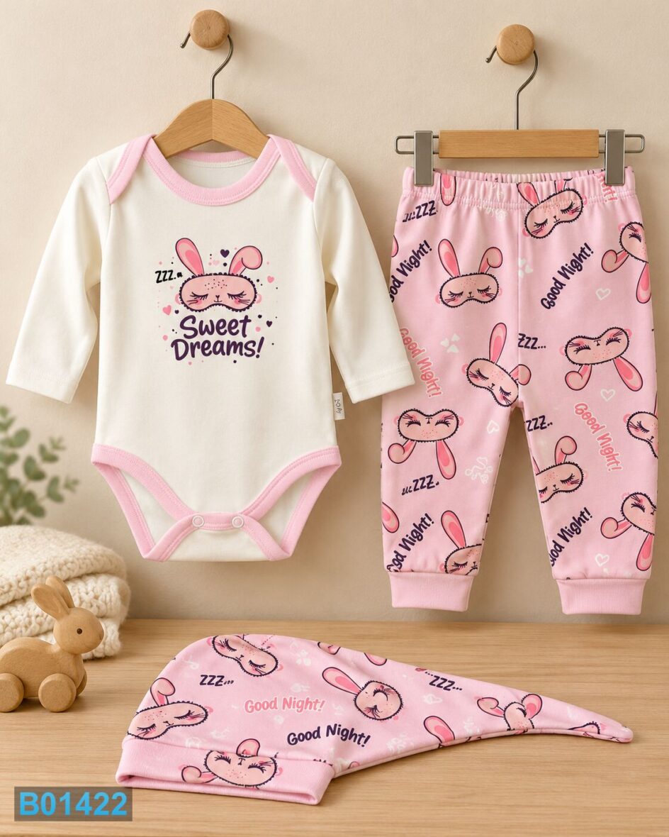 Pamučni komplet za devojčice Good Night sa kapicom – roze | Bebelino Kids Pamučni komplet za devojčice Good Night sa kapicom – roze
