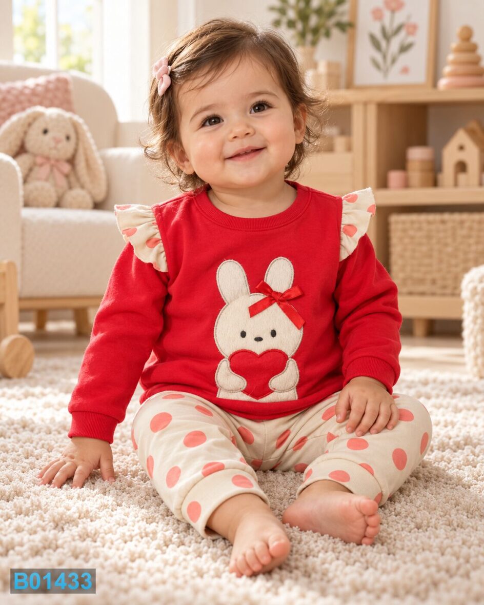 Pamučni komplet za devojčice sa zečicom – crveni | Bebelino Kids Pamučni komplet za devojčice sa zečicom – crveni