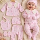 Pamučni petodelni komplet za bebe sa cvetnim dezenom – roze