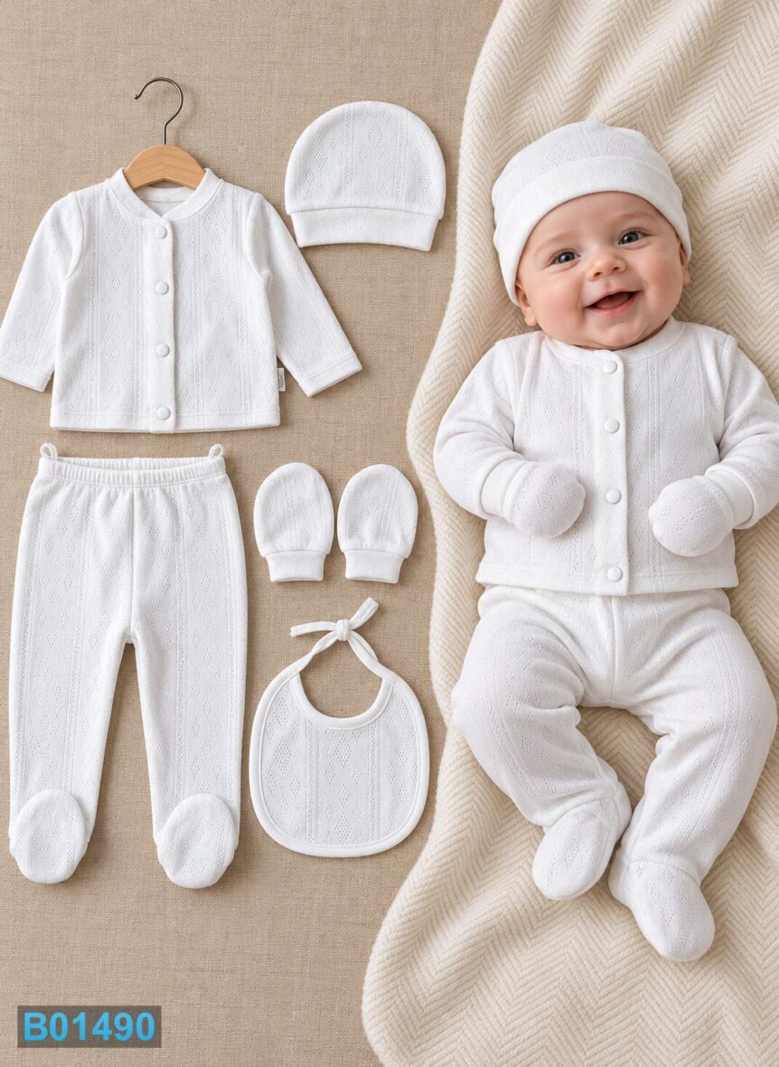 Pamučni petodelni komplet za bebe – beli